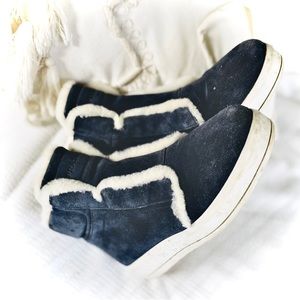 PRADA | 38 / 8 | Linea Rossa Sport Shearling-Trimmed Suede High-Top Sneaker Boot